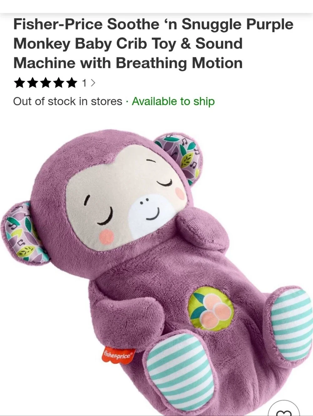 Fisher-Price Soothe ‘n Snuggle Purple Monkey Baby Crib Toy & Sound Machine